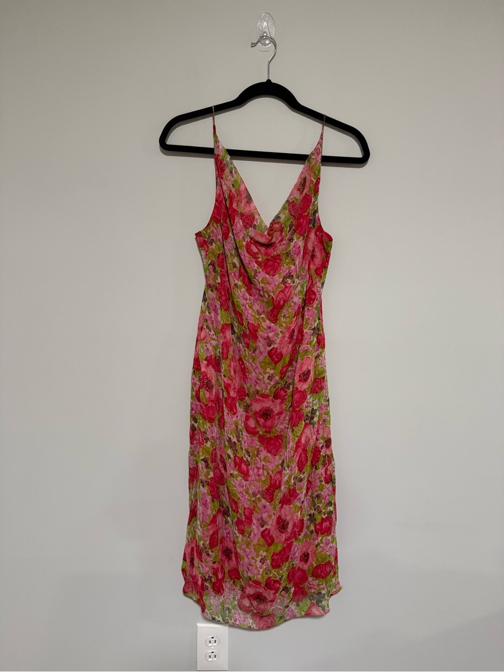 Vintage 90s Y2K Floral Pink Silk Midi Slip Dress Size 10 Garden Party